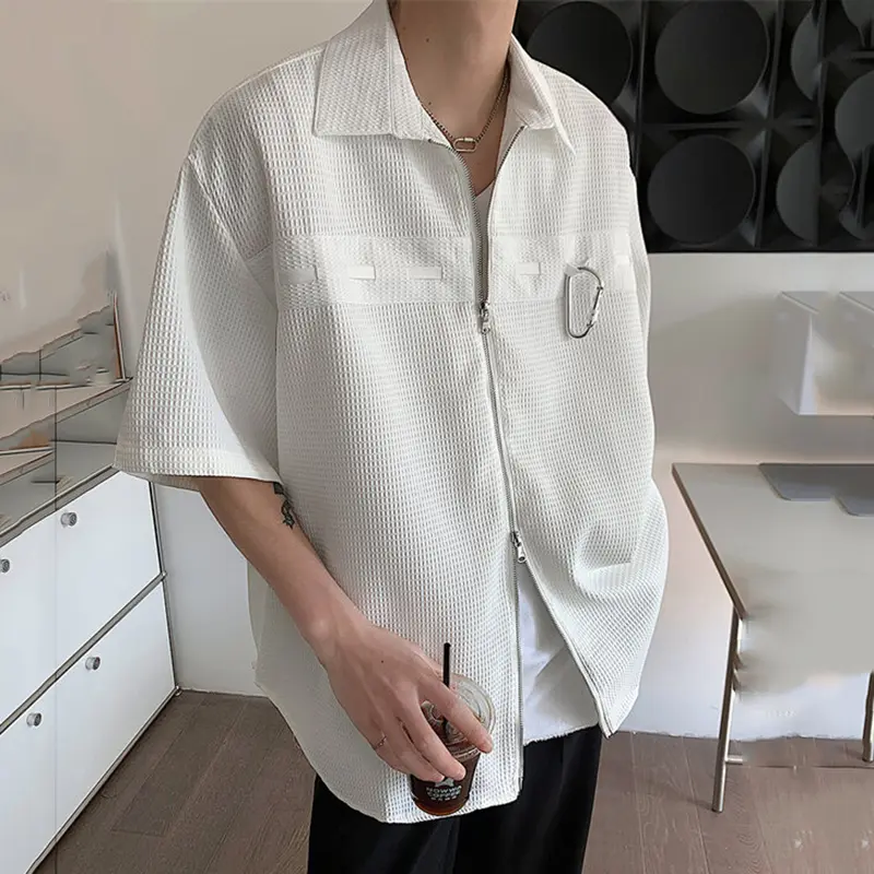 IEFB Men's Shirts Short Sleeve New Summer Zipper Metal Buckle Trendy Turn-down Collar Solid Color Male Casual Clothing 9W2209