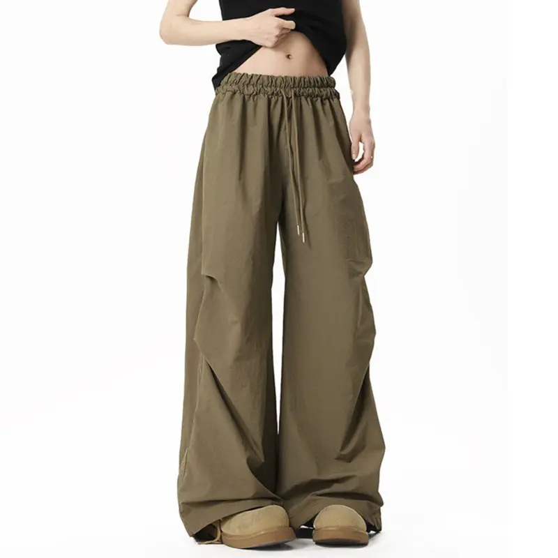 IEFB Pleated Design Men's Casual Trousers Elastic Waist Solid Color Wide Leg Quick-dry Drawstring Straight Male Pants New 9W2289