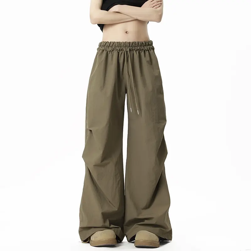 IEFB Pleated Design Men's Casual Trousers Elastic Waist Solid Color Wide Leg Quick-dry Drawstring Straight Male Pants New 9W2289