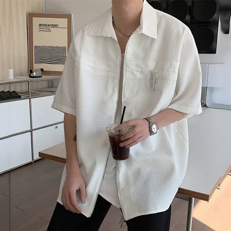 IEFB Men's Shirts Short Sleeve New Summer Zipper Metal Buckle Trendy Turn-down Collar Solid Color Male Casual Clothing 9W2209