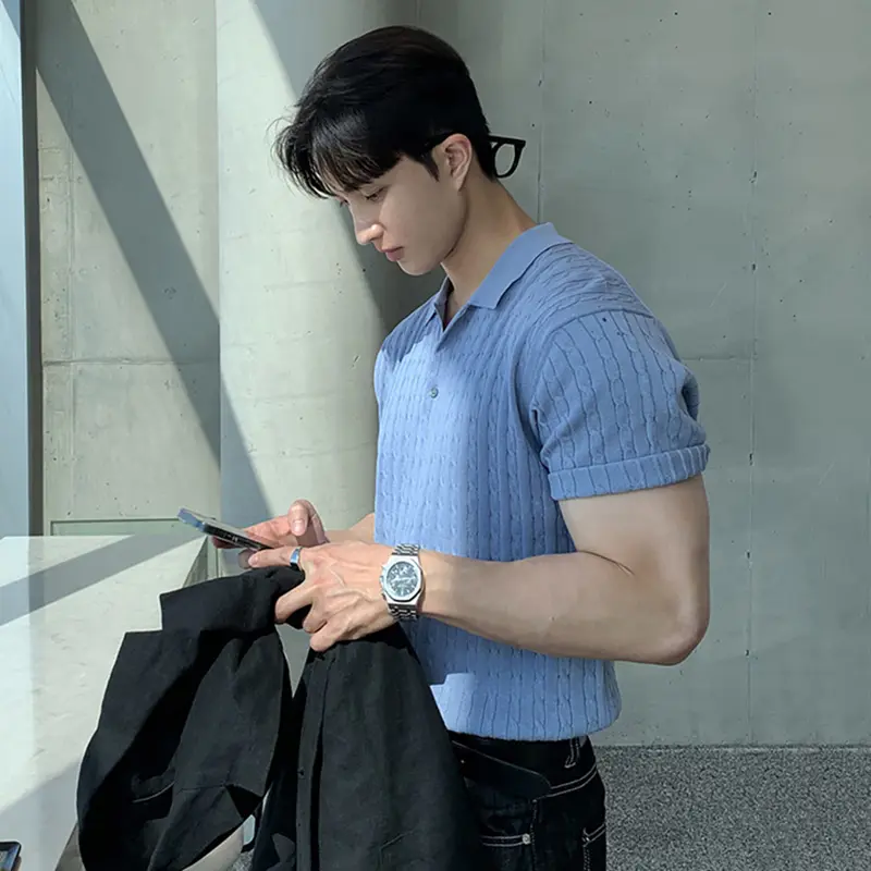 IEFB Korean Style Men's T-shirts Turn-down Collar Knitting Weave Solid Color Short Sleeve Business Casual Button Male Tee 9W2492