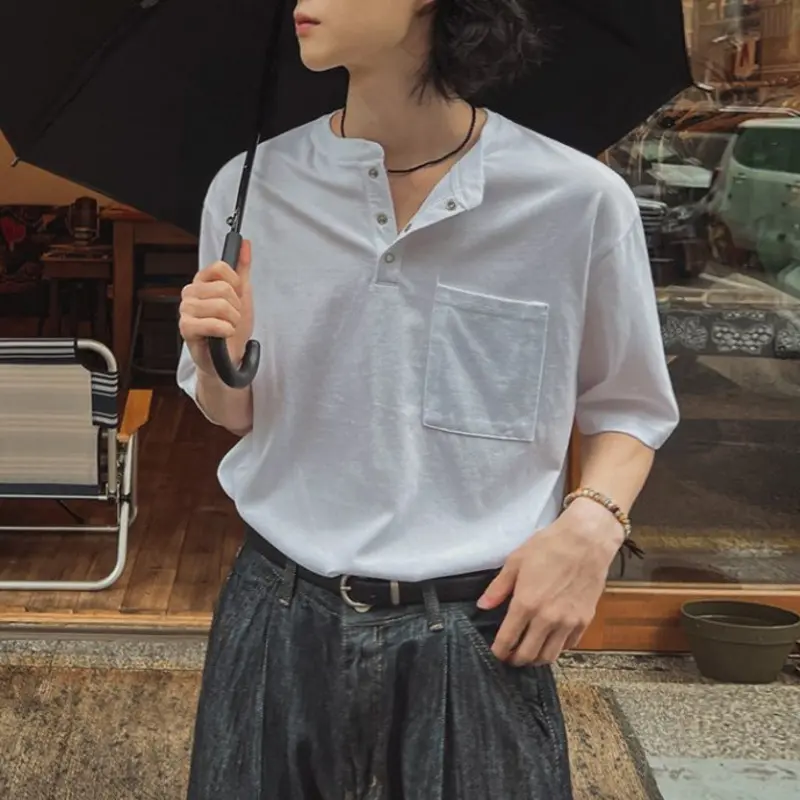 IEFB Korean Style Men's Tees Round Collar Button Design Solid Color Casual Pocket Cloth Loose Short Sleeve Male T-shirt 9W2730
