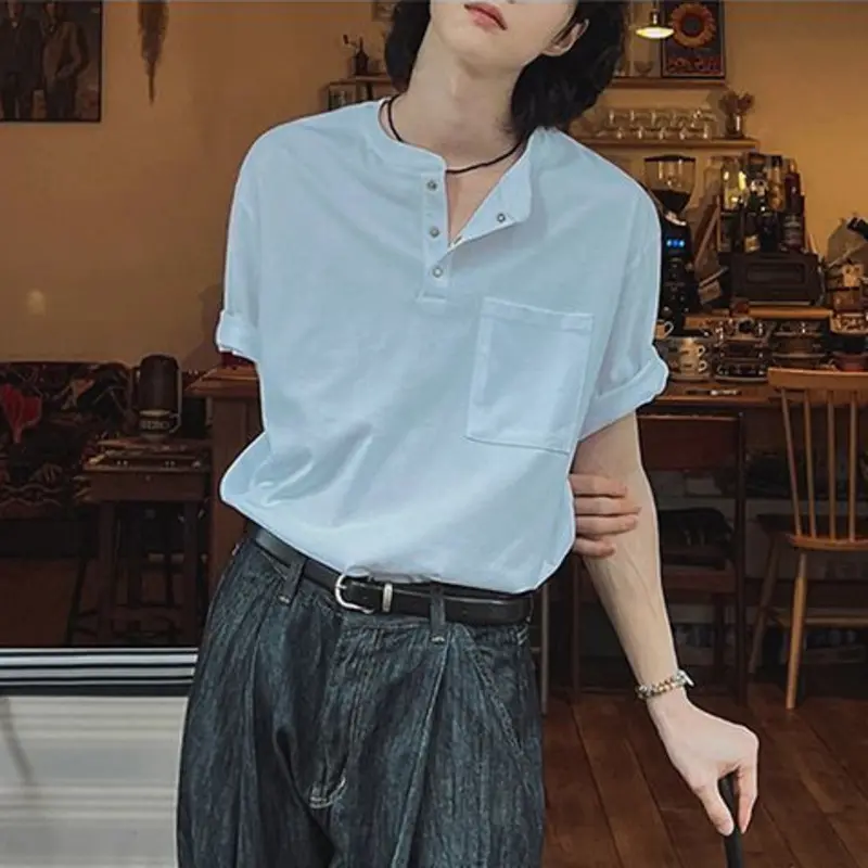 IEFB Korean Style Men's Tees Round Collar Button Design Solid Color Casual Pocket Cloth Loose Short Sleeve Male T-shirt 9W2730
