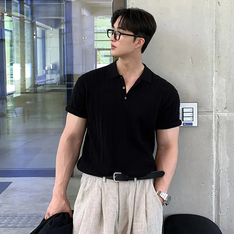 IEFB Korean Style Men's T-shirts Turn-down Collar Knitting Weave Solid Color Short Sleeve Business Casual Button Male Tee 9W2492