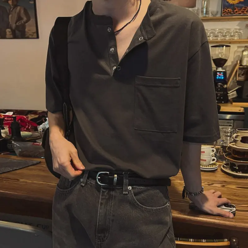IEFB Korean Style Men's Tees Round Collar Button Design Solid Color Casual Pocket Cloth Loose Short Sleeve Male T-shirt 9W2730