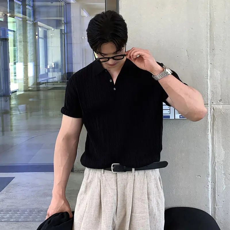 IEFB Korean Style Men's T-shirts Turn-down Collar Knitting Weave Solid Color Short Sleeve Business Casual Button Male Tee 9W2492