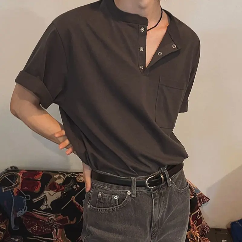 IEFB Korean Style Men's Tees Round Collar Button Design Solid Color Casual Pocket Cloth Loose Short Sleeve Male T-shirt 9W2730