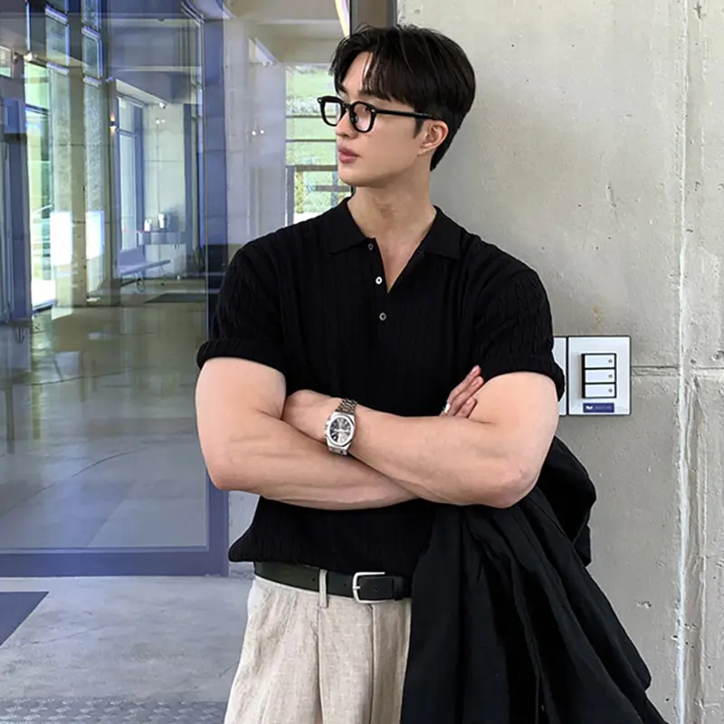 IEFB Korean Style Men's T-shirts Turn-down Collar Knitting Weave Solid Color Short Sleeve Business Casual Button Male Tee 9W2492