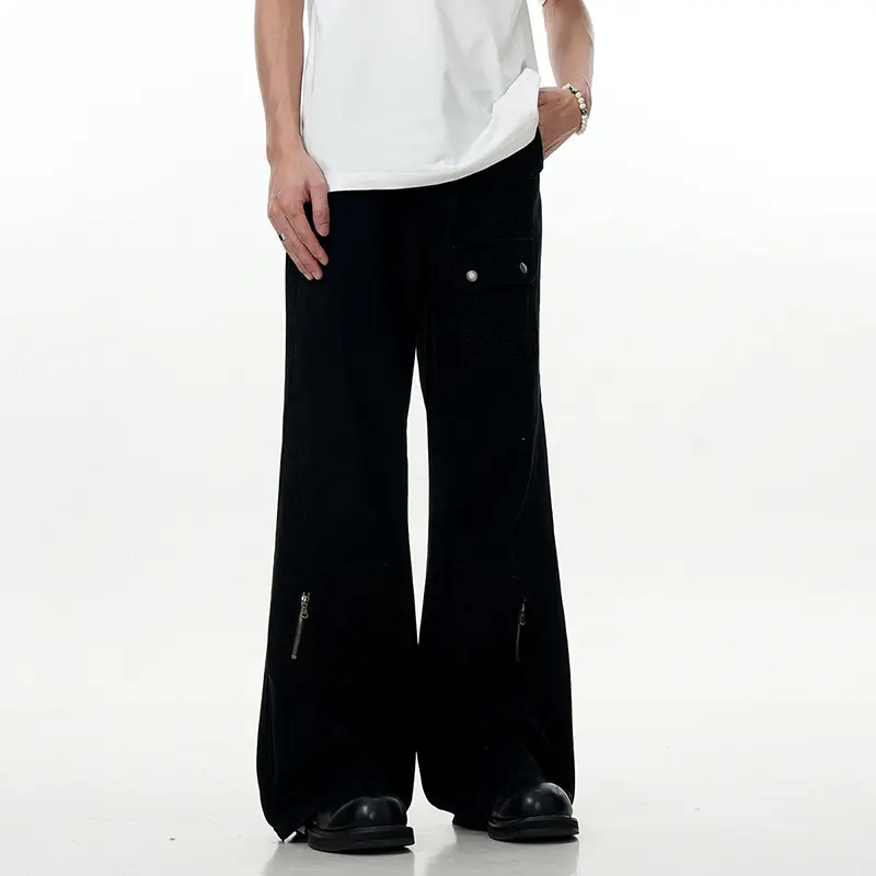 IEFB Men's Cargo Pants New American High Street Zipper Design Straight Wide Leg Solid Color Simple Male Trousers 2025 9W1954