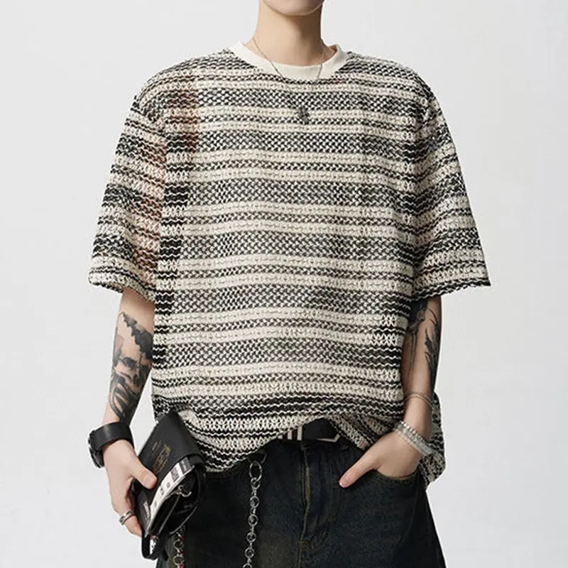 IEFB Men's T-shirts Short Sleeve New Korean Style Niche Summer Ice Silk Striped Design Pullover Personality Male Tees 9W1942