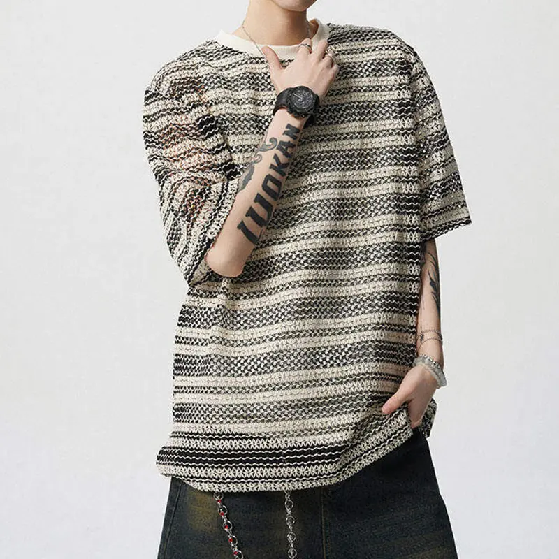 IEFB Men's T-shirts Short Sleeve New Korean Style Niche Summer Ice Silk Striped Design Pullover Personality Male Tees 9W1942