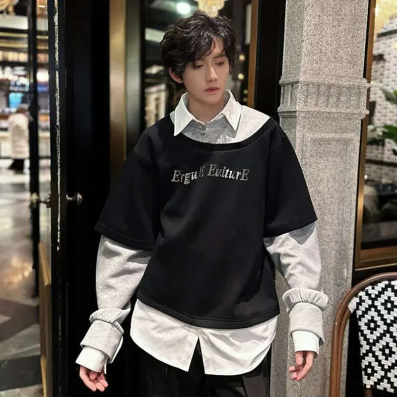 IEFB Male Sweatshirts Long Sleeve New Korean Turn-down Collar Design Patchwork Loose Men's Clothing Summer Men Tops 9W1606