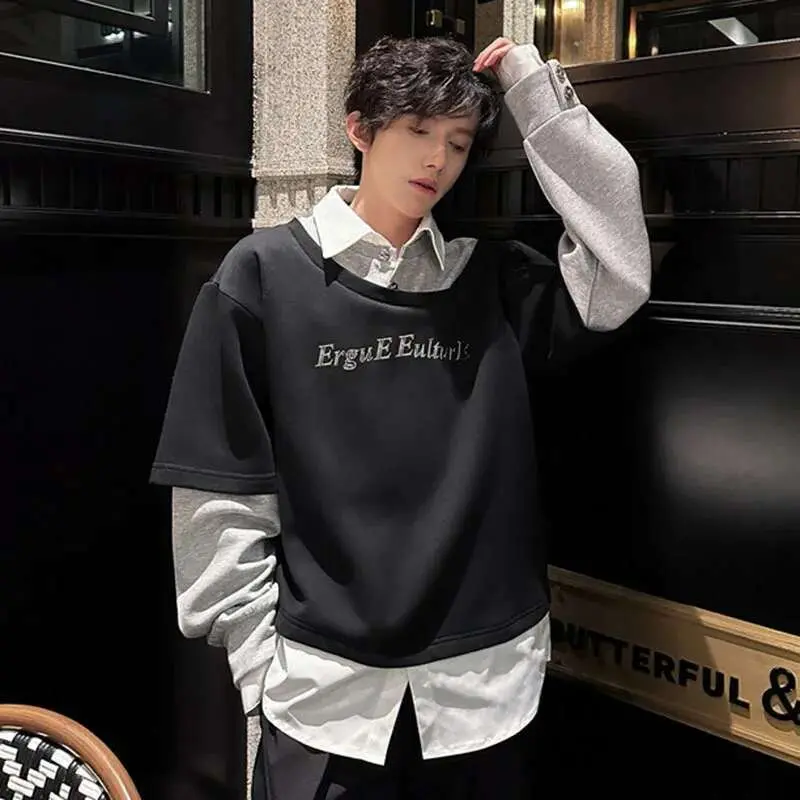 IEFB Male Sweatshirts Long Sleeve New Korean Turn-down Collar Design Patchwork Loose Men's Clothing Summer Men Tops 9W1606