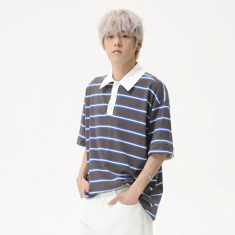 IEFB Striped Design Men's T-shirts Turn-down Collar Contrast Color Short Sleeve Casual Tees Loose Button Male Tops Summer 9W2480