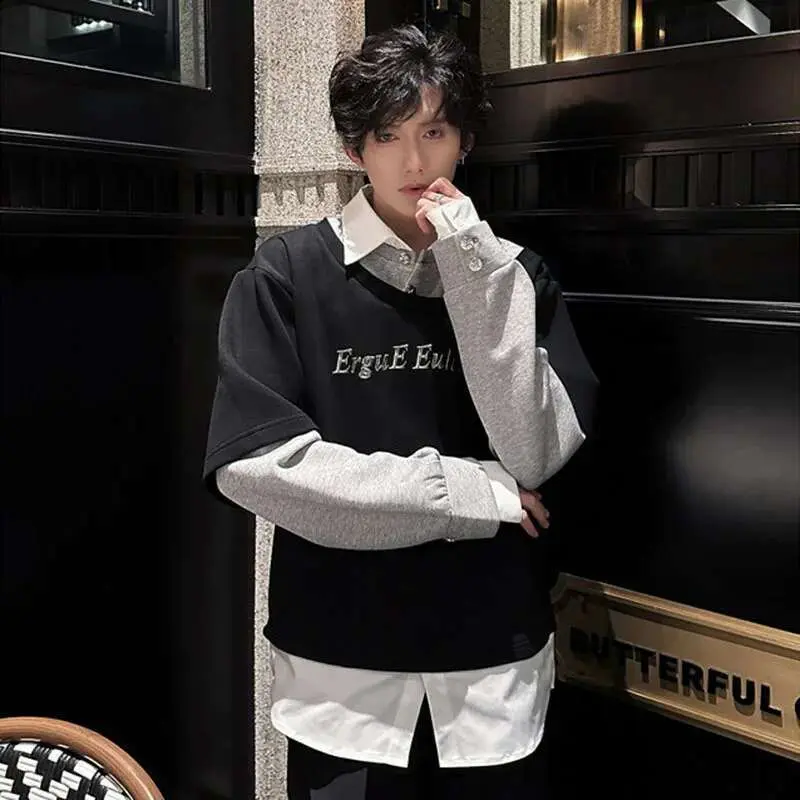 IEFB Male Sweatshirts Long Sleeve New Korean Turn-down Collar Design Patchwork Loose Men's Clothing Summer Men Tops 9W1606