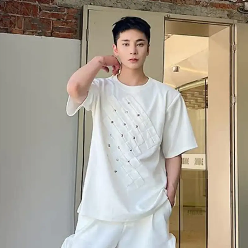 IEFB Men's T-shirts Short Sleeve New Korean Style Rivet Decoration Shoulder Pad Round Neck Male Pullover Casual Clothing 9W2204