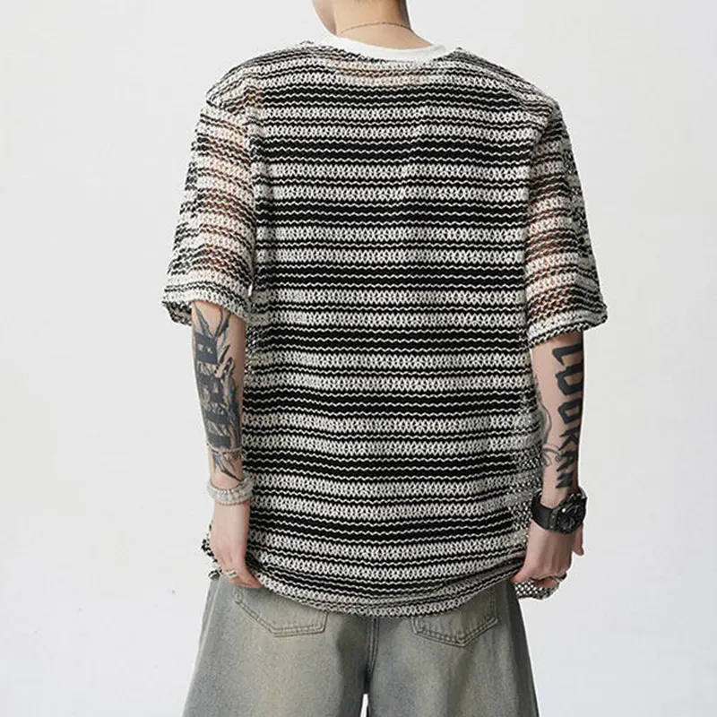 IEFB Men's T-shirts Short Sleeve New Korean Style Niche Summer Ice Silk Striped Design Pullover Personality Male Tees 9W1942