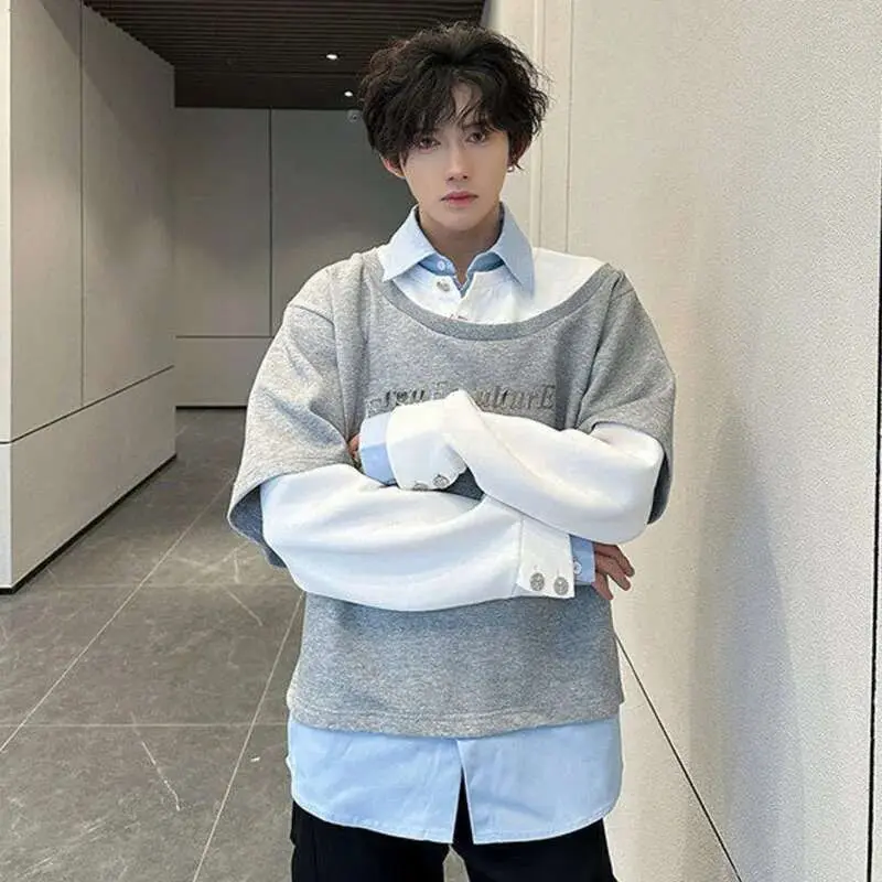 IEFB Male Sweatshirts Long Sleeve New Korean Turn-down Collar Design Patchwork Loose Men's Clothing Summer Men Tops 9W1606