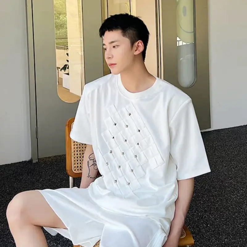 IEFB Men's T-shirts Short Sleeve New Korean Style Rivet Decoration Shoulder Pad Round Neck Male Pullover Casual Clothing 9W2204