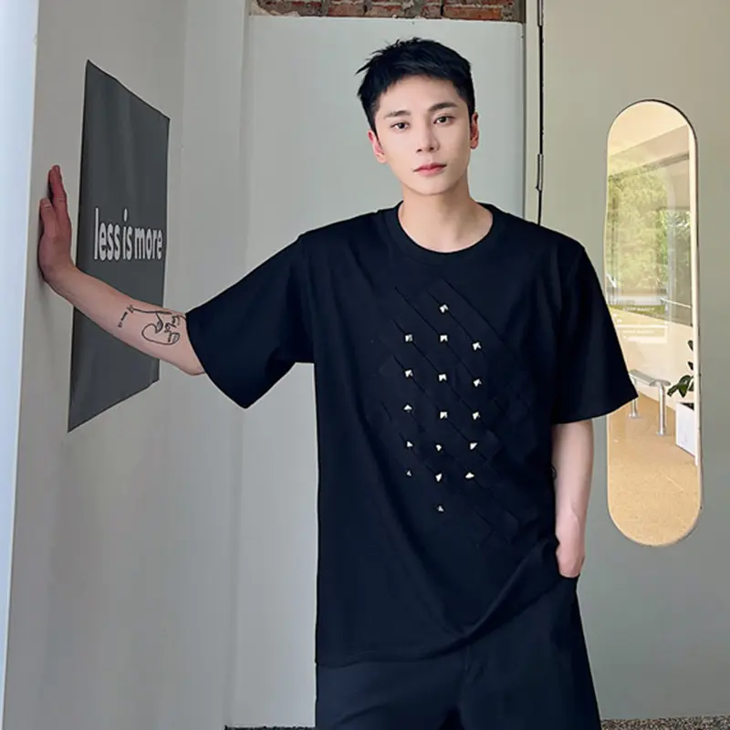 IEFB Men's T-shirts Short Sleeve New Korean Style Rivet Decoration Shoulder Pad Round Neck Male Pullover Casual Clothing 9W2204