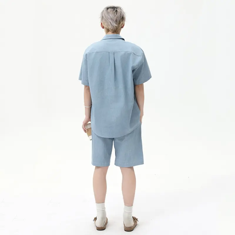 IEFB Korean Style Men's Two-piece Solid Color Lapel Short Sleeved Single Breasted Shirt Elastic Waist Straight Leg Shorts 9W2785