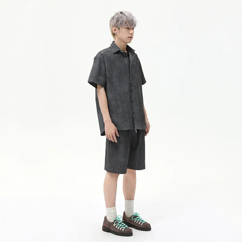 IEFB Korean Style Men's Two-piece Solid Color Lapel Short Sleeved Single Breasted Shirt Elastic Waist Straight Leg Shorts 9W2785