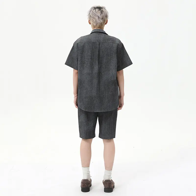 IEFB Korean Style Men's Two-piece Solid Color Lapel Short Sleeved Single Breasted Shirt Elastic Waist Straight Leg Shorts 9W2785