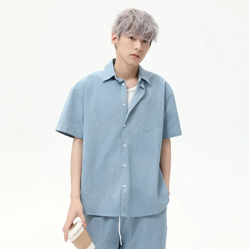 IEFB Korean Style Men's Two-piece Solid Color Lapel Short Sleeved Single Breasted Shirt Elastic Waist Straight Leg Shorts 9W2785