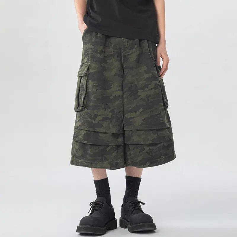IEFB Men's Casual Shorts American Style Multi Pockets Camouflage Workwear Over Knee Length Wide Leg Pants Men Trend 9W2751