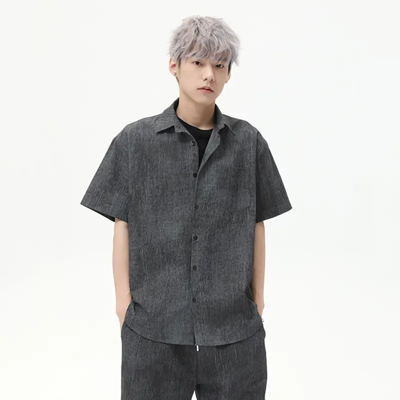 IEFB Korean Style Men's Two-piece Solid Color Lapel Short Sleeved Single Breasted Shirt Elastic Waist Straight Leg Shorts 9W2785