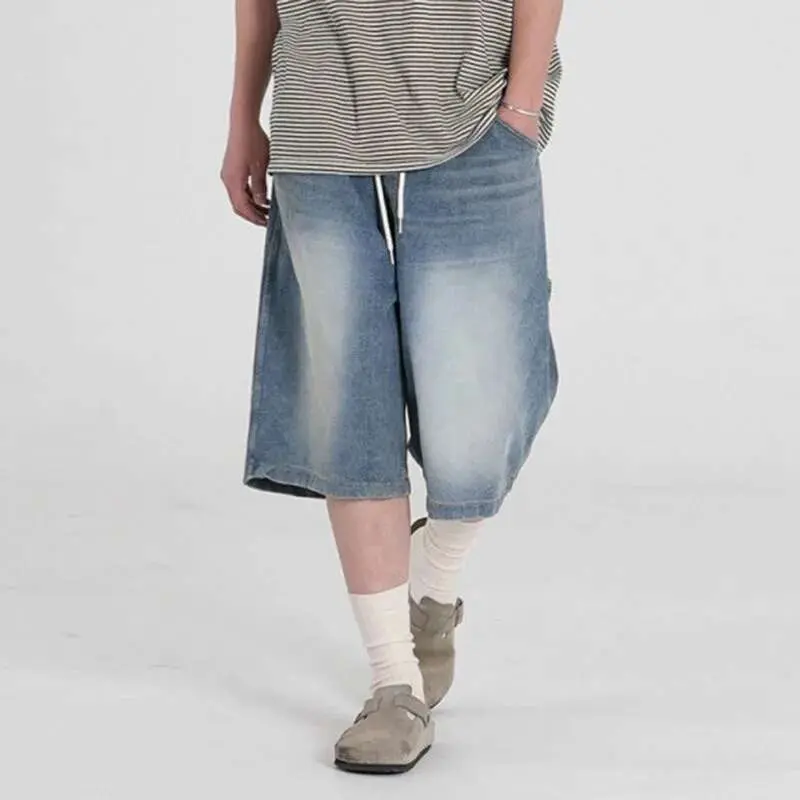 IEFB Men's Washed Wide Leg Denim Shorts New Summer Loose Solid Color Korean Elastici Waist Niche Cropped Trendy Bottoms 9W1637