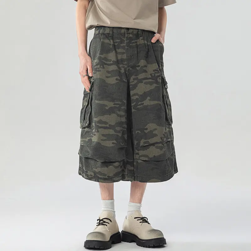 IEFB Men's Casual Shorts American Style Multi Pockets Camouflage Workwear Over Knee Length Wide Leg Pants Men Trend 9W2751