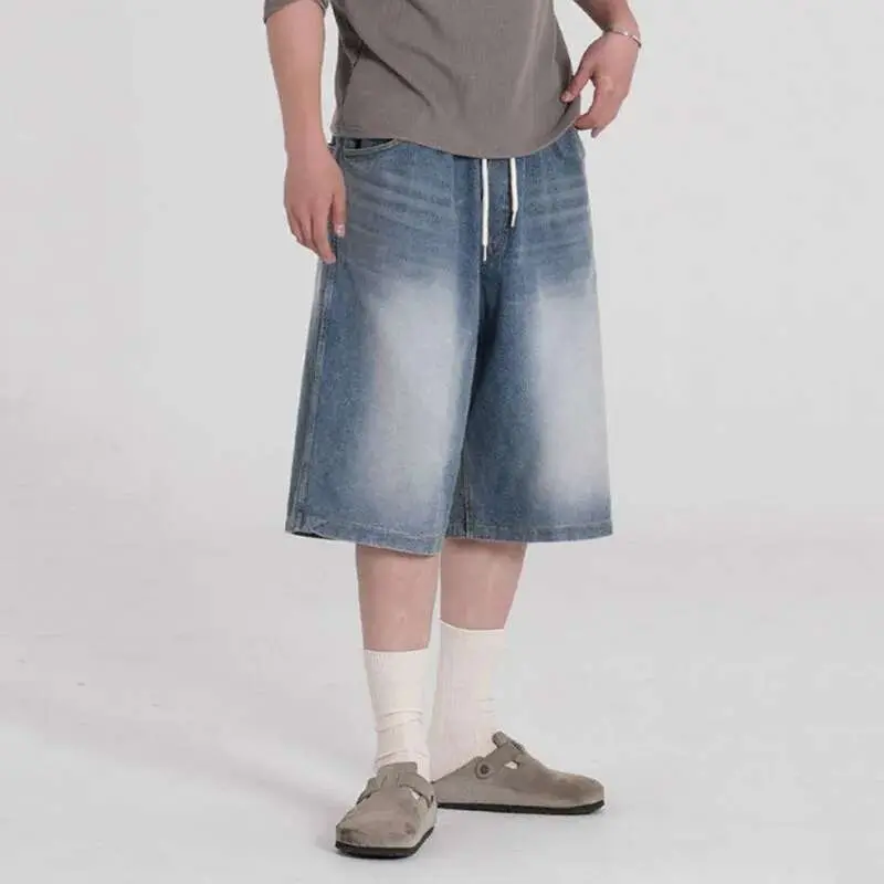 IEFB Men's Washed Wide Leg Denim Shorts New Summer Loose Solid Color Korean Elastici Waist Niche Cropped Trendy Bottoms 9W1637