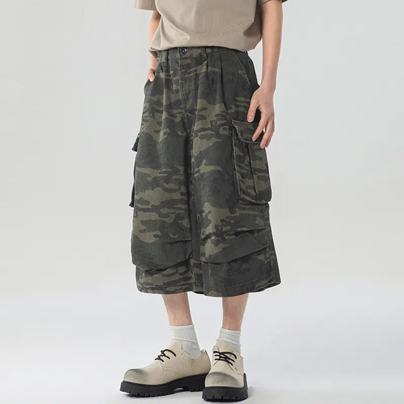 IEFB Men's Casual Shorts American Style Multi Pockets Camouflage Workwear Over Knee Length Wide Leg Pants Men Trend 9W2751