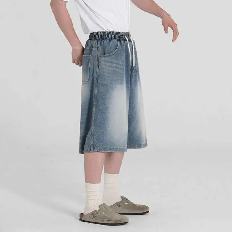 IEFB Men's Washed Wide Leg Denim Shorts New Summer Loose Solid Color Korean Elastici Waist Niche Cropped Trendy Bottoms 9W1637