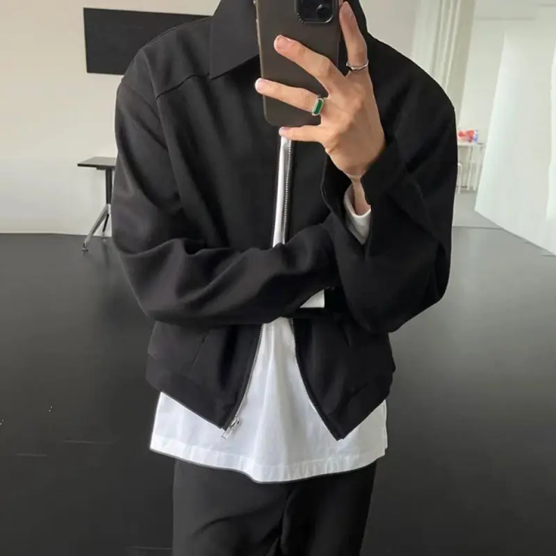 IEFB Korean Style Men's Jackets Solid Color Turn-down Collar Zipper Casual Cleanfit Clothing Loose All-match Male Coats 9W4078