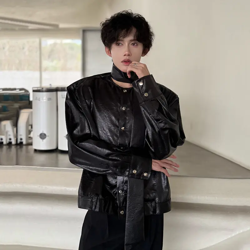 IEFB Men's Shirts Long Sleeve New Spring Ribbon Design Solid Color Loose Korean Style Single Breasted Shirt Personality 9W1757