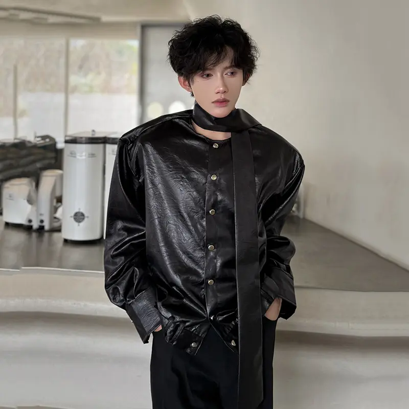 IEFB Men's Shirts Long Sleeve New Spring Ribbon Design Solid Color Loose Korean Style Single Breasted Shirt Personality 9W1757