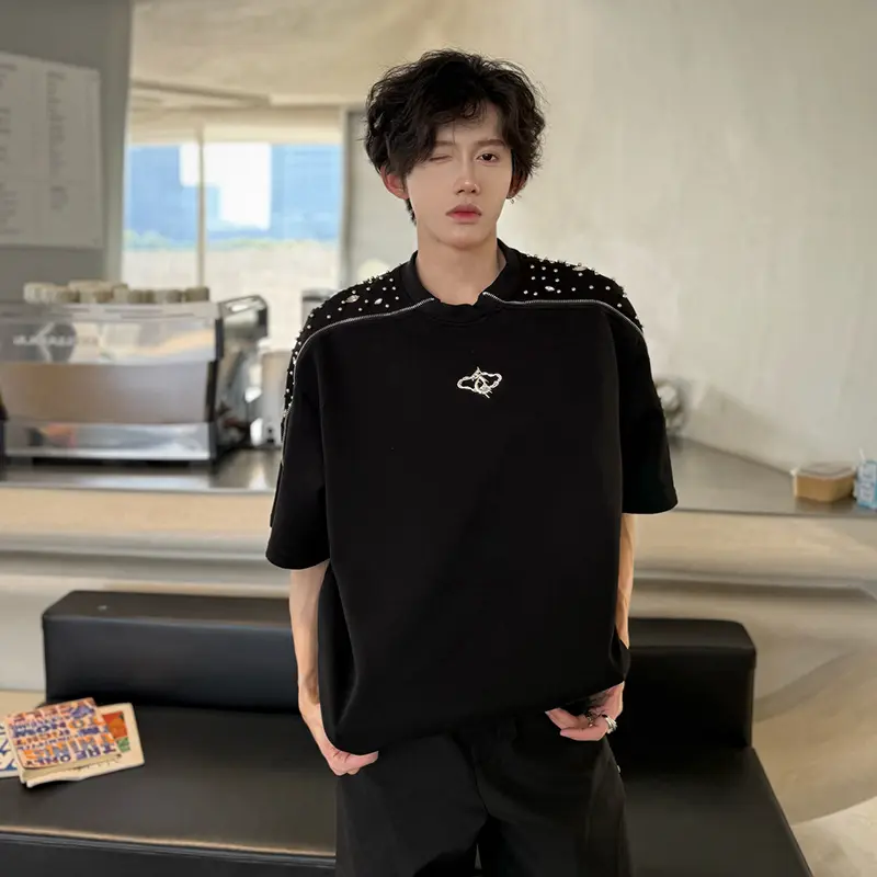 IEFB Men's Shorts Sleeve T-shrts New Korean Style Summer Spliced Zippers Design Nail Beads Decoration Pullover Male Tees 9W2188