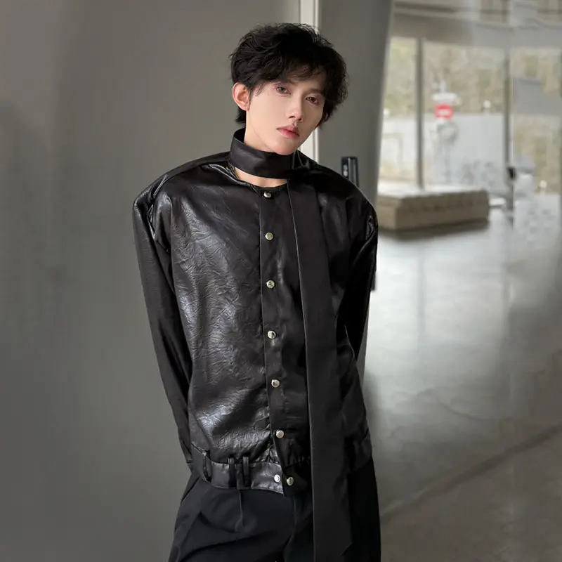 IEFB Men's Shirts Long Sleeve New Spring Ribbon Design Solid Color Loose Korean Style Single Breasted Shirt Personality 9W1757