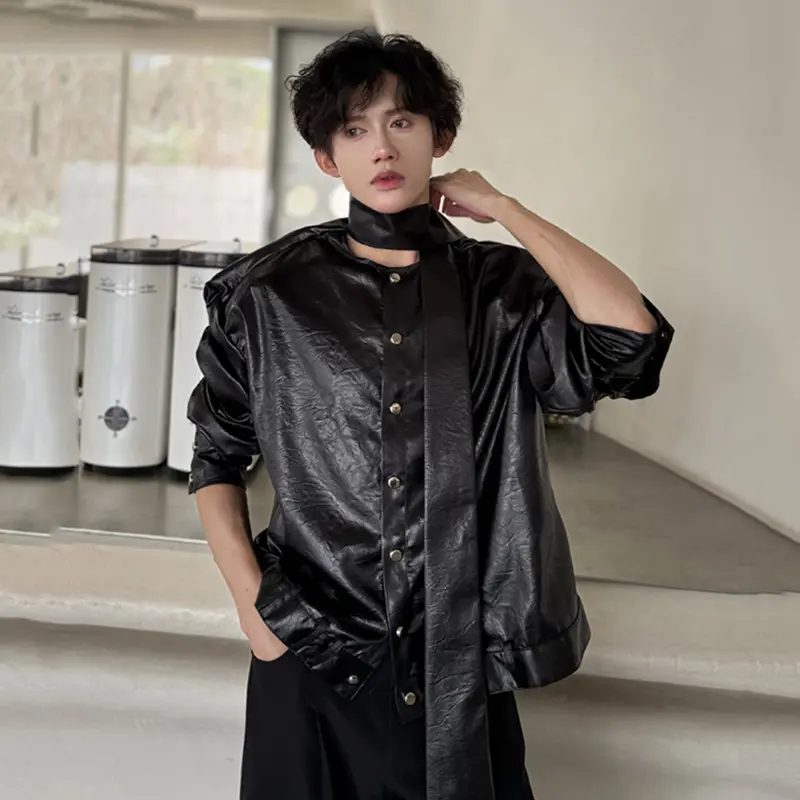 IEFB Men's Shirts Long Sleeve New Spring Ribbon Design Solid Color Loose Korean Style Single Breasted Shirt Personality 9W1757