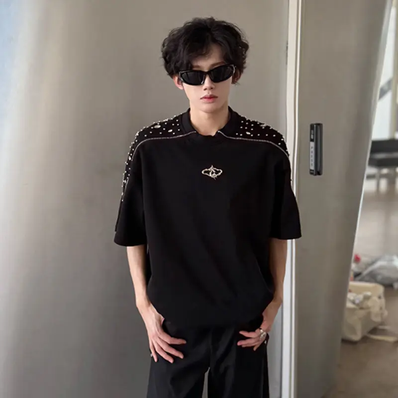 IEFB Men's Shorts Sleeve T-shrts New Korean Style Summer Spliced Zippers Design Nail Beads Decoration Pullover Male Tees 9W2188