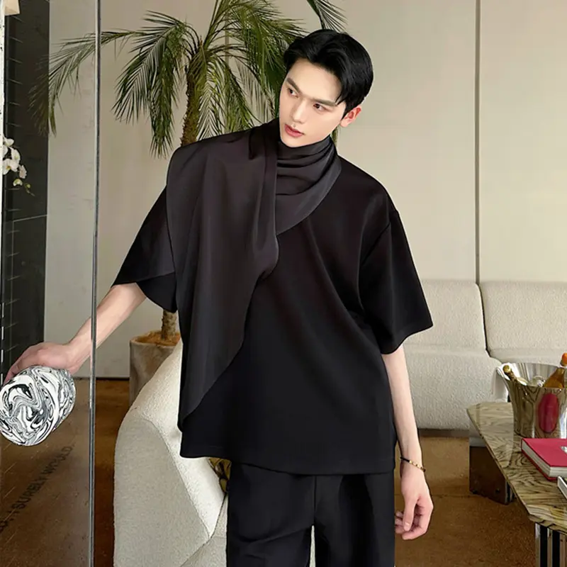 IEFB Niche Design Men's T-shirts Ribbon Short Sleeved Mock Neck Solid Color New Tops Silhouette Loose Male Tees Trend 9W2338