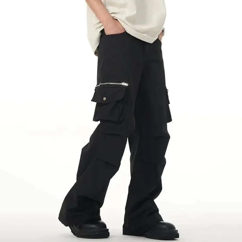 IEFB Men's Cargo Pants Zipper Pockets Design New Korean Style Micro Flared Stylish Solid Color Male Causal Trousers 9W1932
