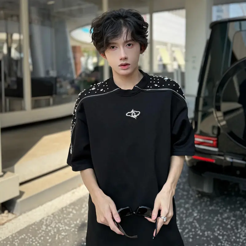 IEFB Men's Shorts Sleeve T-shrts New Korean Style Summer Spliced Zippers Design Nail Beads Decoration Pullover Male Tees 9W2188