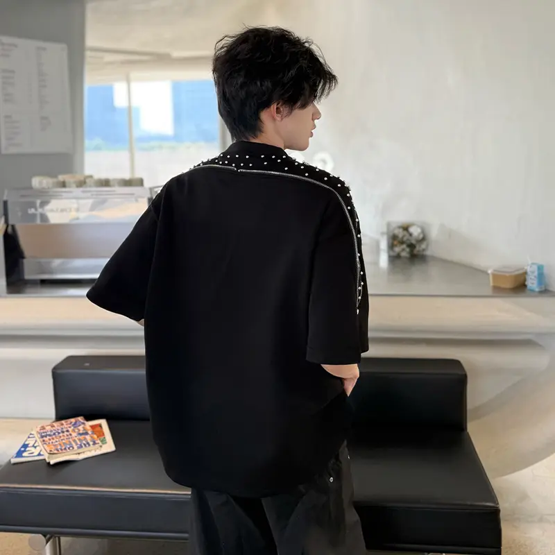 IEFB Men's Shorts Sleeve T-shrts New Korean Style Summer Spliced Zippers Design Nail Beads Decoration Pullover Male Tees 9W2188