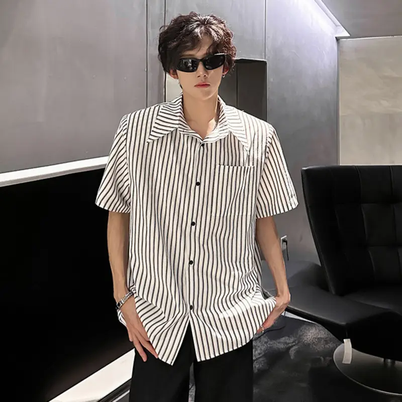 IEFB Niche Design Men's Shirts Turn-down Collar Short Sleeved Striped Contrast Color Detachable Shoulder Padded Male Tops 9W3852