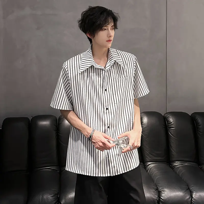 IEFB Niche Design Men's Shirts Turn-down Collar Short Sleeved Striped Contrast Color Detachable Shoulder Padded Male Tops 9W3852