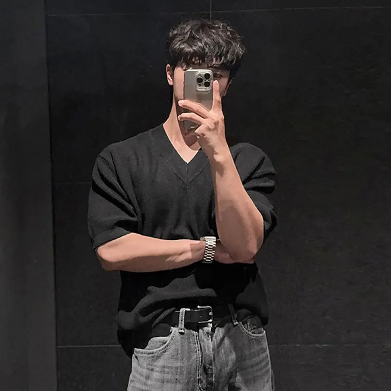 IEFB V-neck Men's T-shirts Short Sleeved Solid Color Knitting New Summer Tops Loose Pullover Korean Male Tees Simple 9W2484