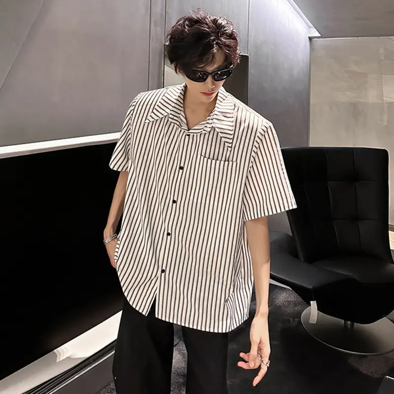 IEFB Niche Design Men's Shirts Turn-down Collar Short Sleeved Striped Contrast Color Detachable Shoulder Padded Male Tops 9W3852